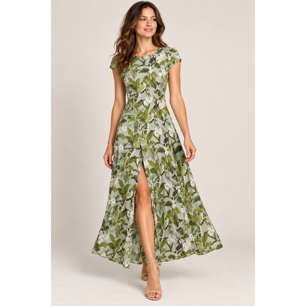 Reformation Midi Dress Womens 2 Green Tropical Bird Floral Open Back Slit Crepe